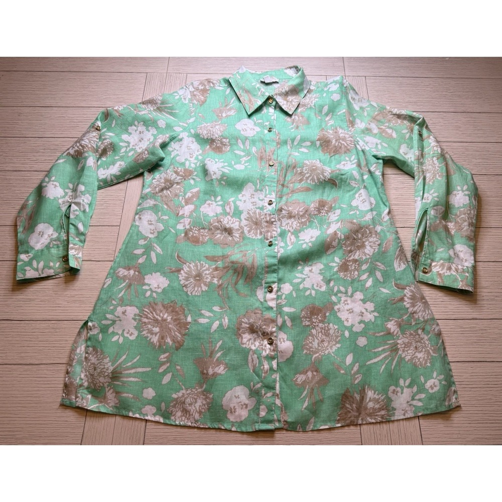 Charter Club Woman 100% Linen Tunic Floral Print Button Up Seafoam Green‎ 0X